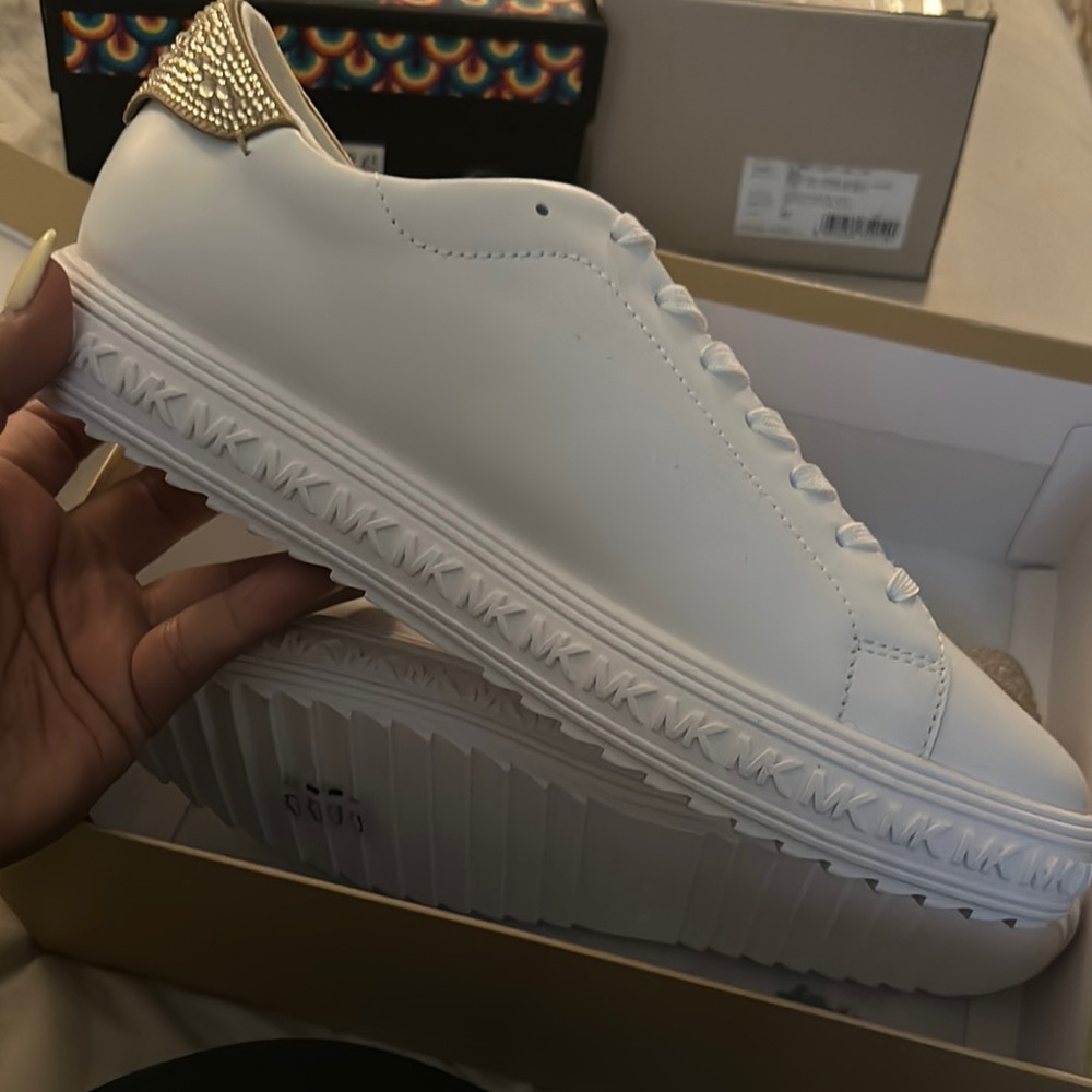 White Sneakers with Gold Studded Heel